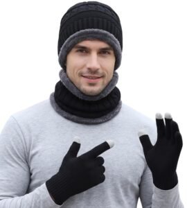 Winter Knit Beanie, Hat, Neck Warmer Scarf and Woolen Gloves Set – Skull Cap for Men & Women (3 Piece)