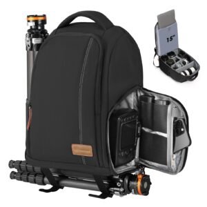 TARION Camera Backpack Waterproof Camera Bag Large Capacity Camera Case with Up to 15 Inch Laptop Compartment Rain Cover for Women Men Photographer Lens Tripod