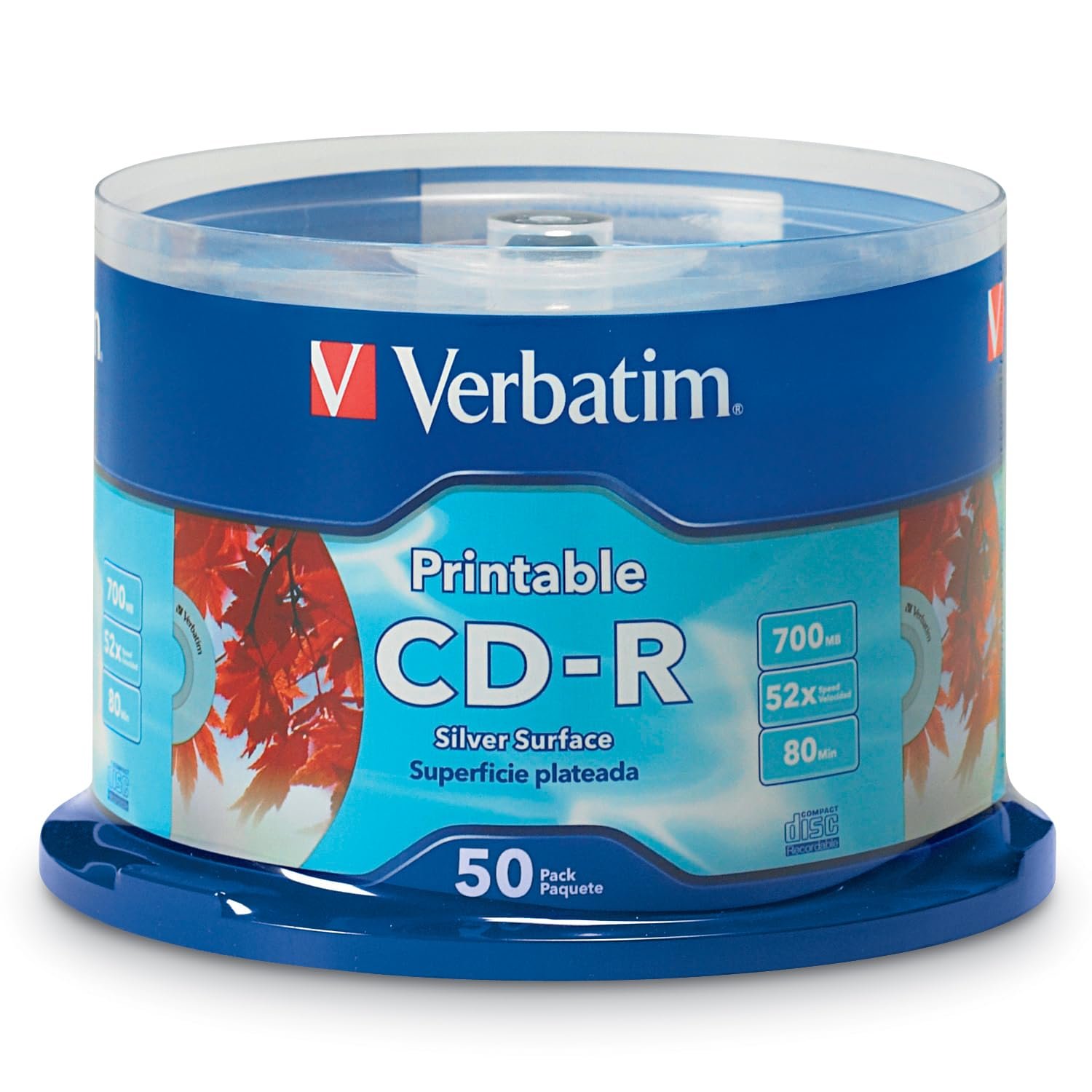 Verbatim 700MB 52x 80 Minute Inkjet Printable Recordable Disc CD-R – 50 Disc Spindle, Silver 95005