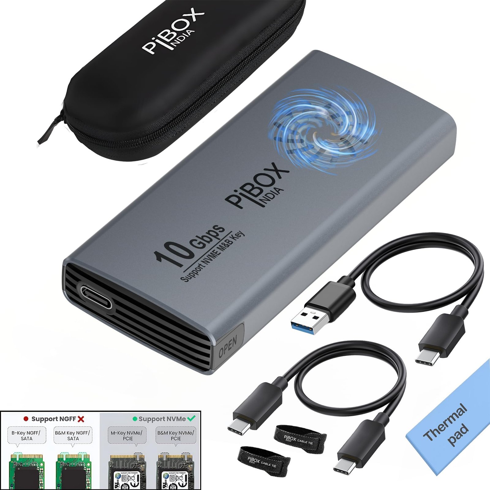 PiBOX India NVME M2 Enclosure Fan, SSD Enclosure – USB 3.2 10Gbps, Tool-Free M.2 NVMe Case, PCI-E NVMe Reader, USB-C, Supports M & B&M Keys, 2230/2242