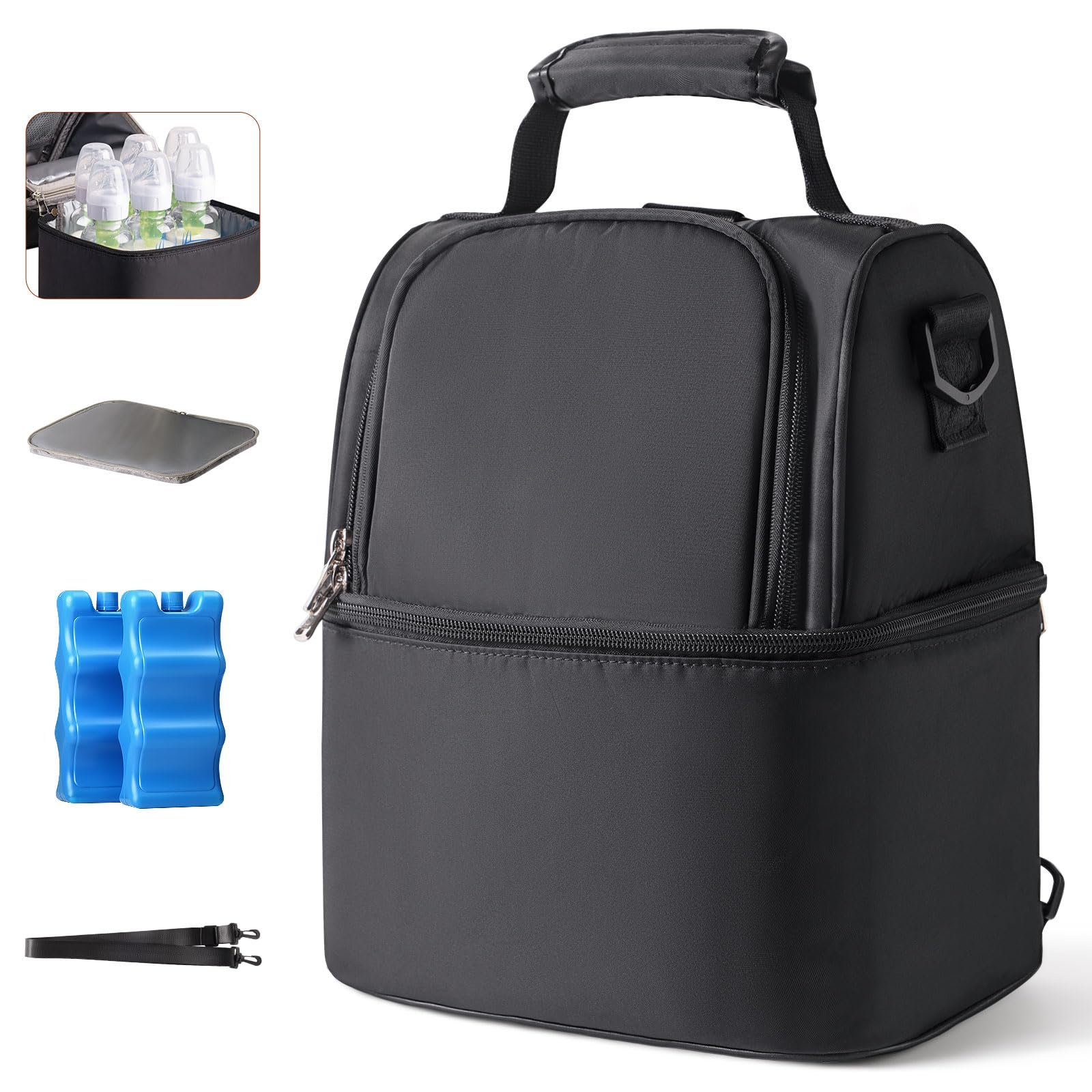 NCVI Breastmilk Cooler Bag with 2 Ice Pack, Breast Pump Bag with Cooler Fits 6 Bottles, Double Layer Breast Milk Travel Bag Baby Bottle, for Travel, Nursing Mom Daycare, Work, Picnic (Black)