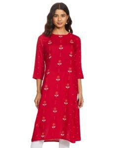 Max Women’s Rayon Straight Fit Straight Printed Three-Quarter Sleeves Kurta
