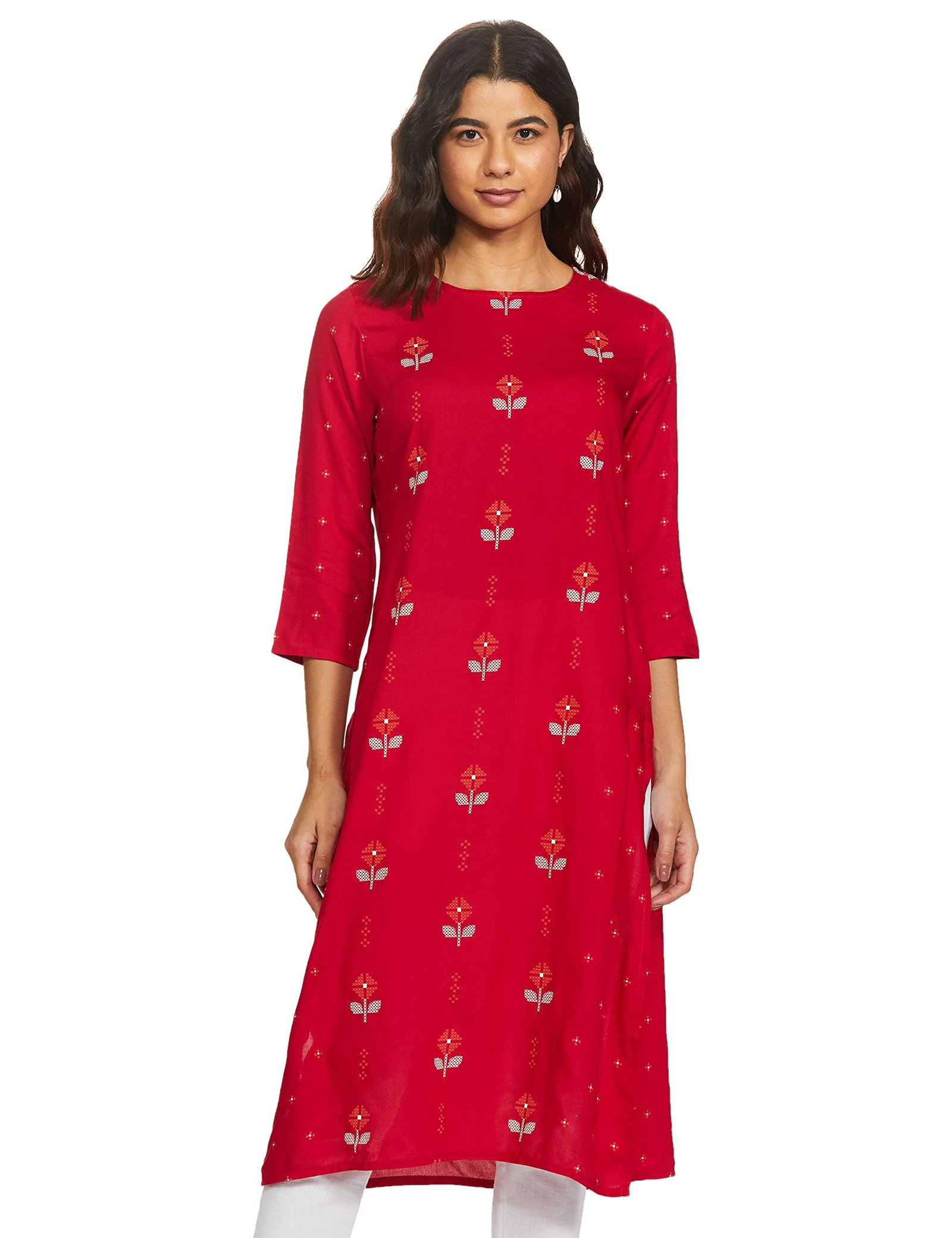 Max Women’s Rayon Straight Fit Straight Printed Three-Quarter Sleeves Kurta