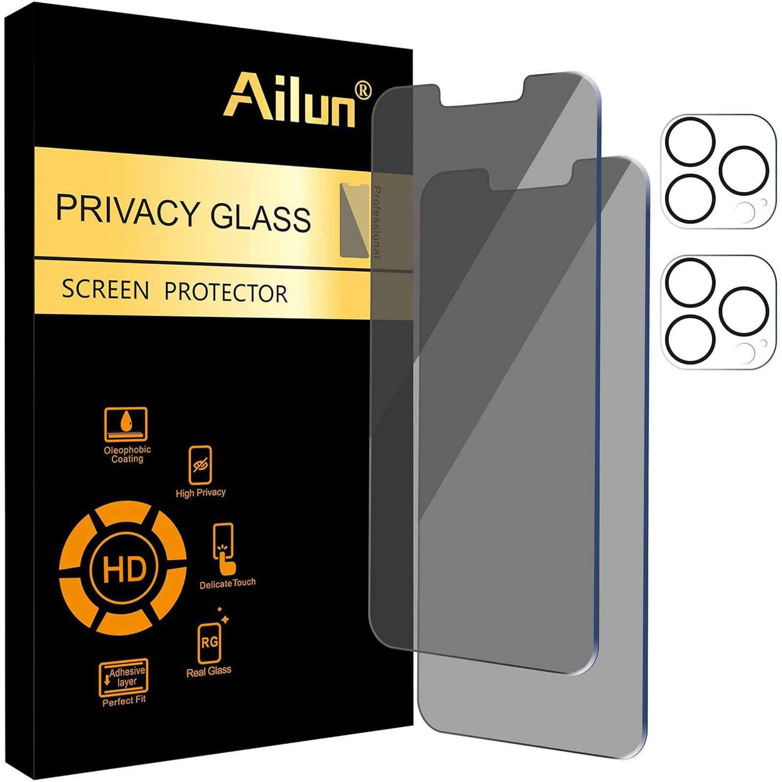 Ailun 2Pack Privacy Screen Protector Compatible for iPhone 13 Pro Max[6.7 inch] + 2 Pack Camera Lens Protector, Anti Spy Private Tempered Glass Film,[9H Hardness] – HD [Black]