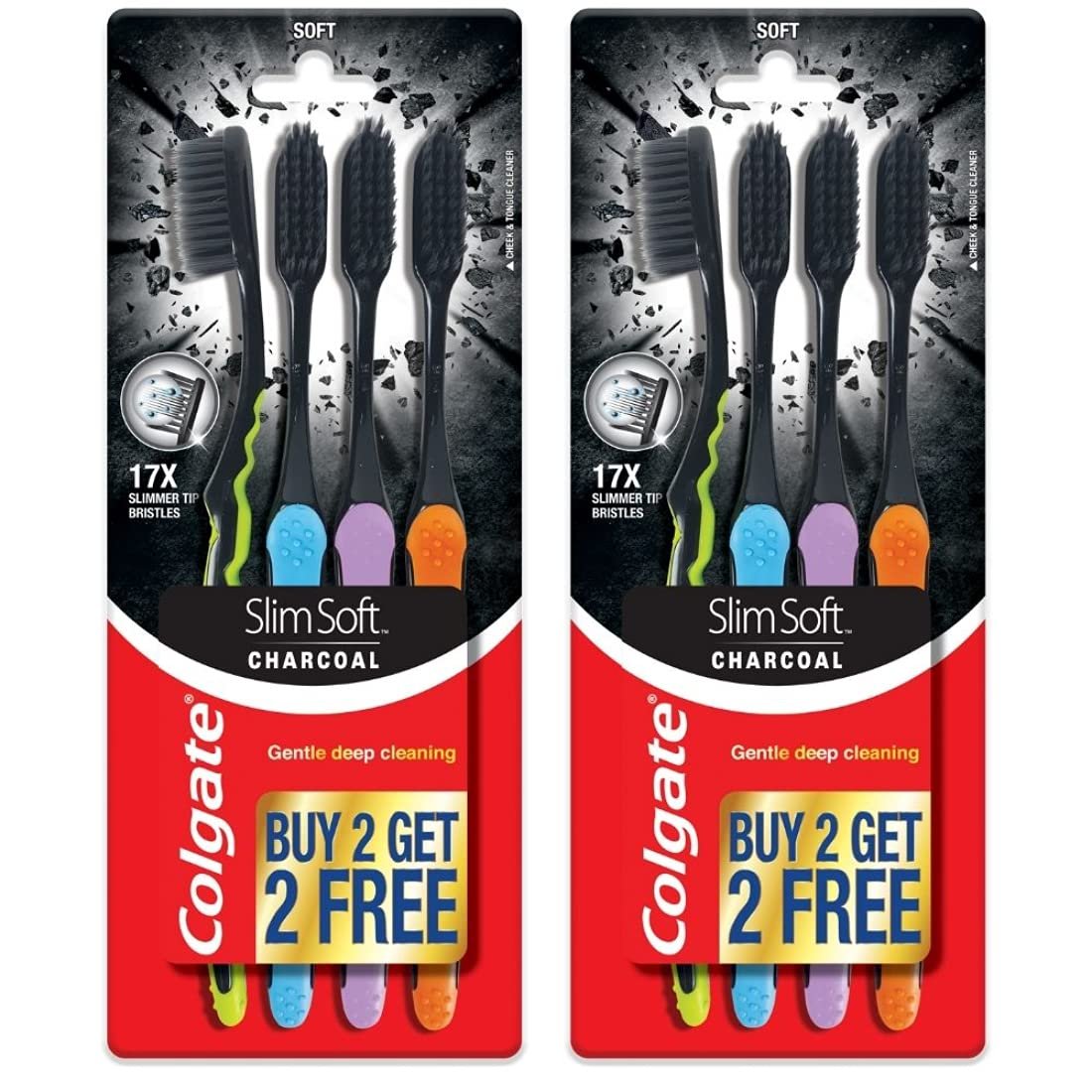 Colgate SlimSoft Charcoal Soft Black Bristles Toothbrush, 8 Pcs (Buy4 Get 4), Soft Bristles for Gentle Deep Cleaning