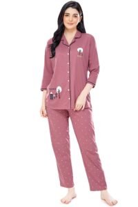 ZEYO Women’s Cotton Dot Printed Korean Night Suit Set of Shirt & Pyjama 5242