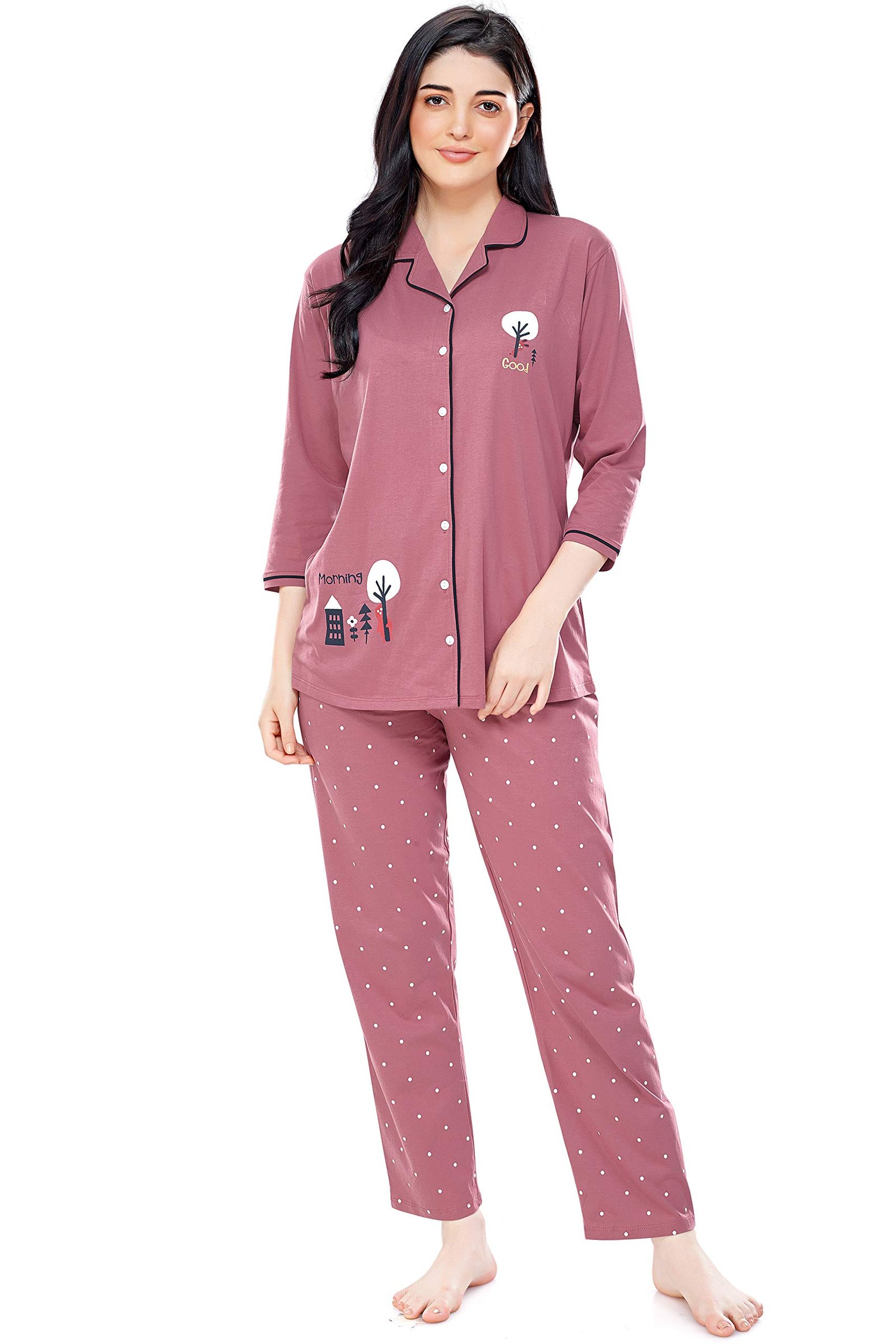 ZEYO Women’s Cotton Dot Printed Korean Night Suit Set of Shirt & Pyjama 5242