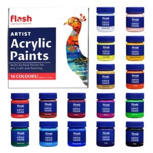 New Improved: Flash Acrylic Colour Set For Adults Kids Professionals-16 Colour Set of 50ml Each-High Pigment Strength Eco Friendly Non Fading Non Toxic Multi Surface Acrylic Paint (50 ml each, 16 Colours)