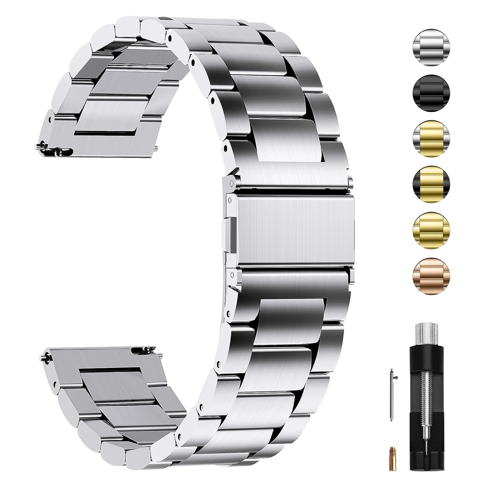 Fullmosa 22mm Quick Release Watch Straps for Samsung Galaxy Watch 3 45mm/Huawei GT3/GT 2 46mm, Stainless Steel Watch Band for Fossil Gen 6/Amazfit GTR 47mm/One Plus(46mm)/Noise Colorfit – Silver