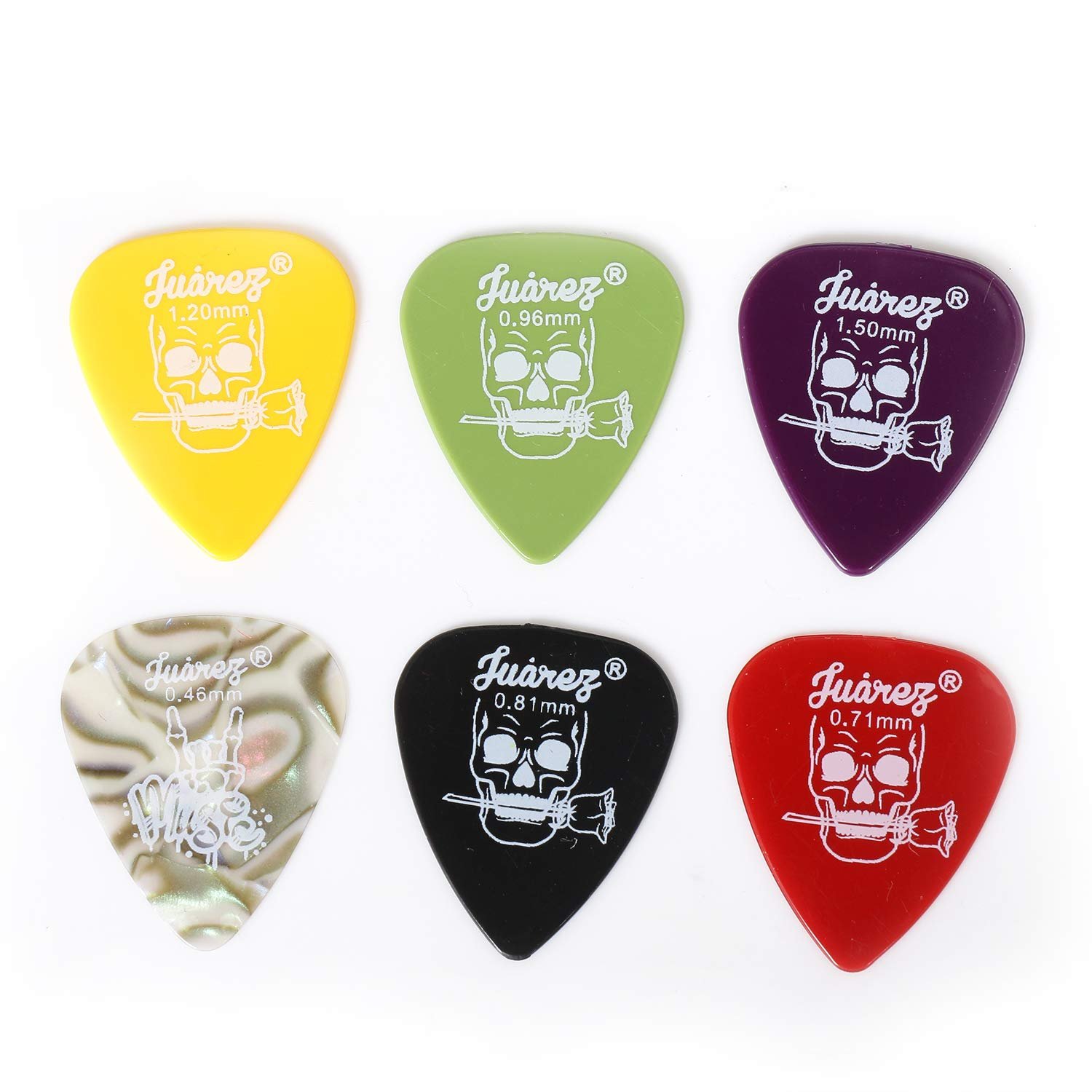 Juarez JAP60 Guitar Plectrums Pick Set (6 Pieces) | Multi-Thickness 0.46mm–1.50mm | Celluloid & ABS Picks | For Acoustic & Electric Guitar | Colours Random