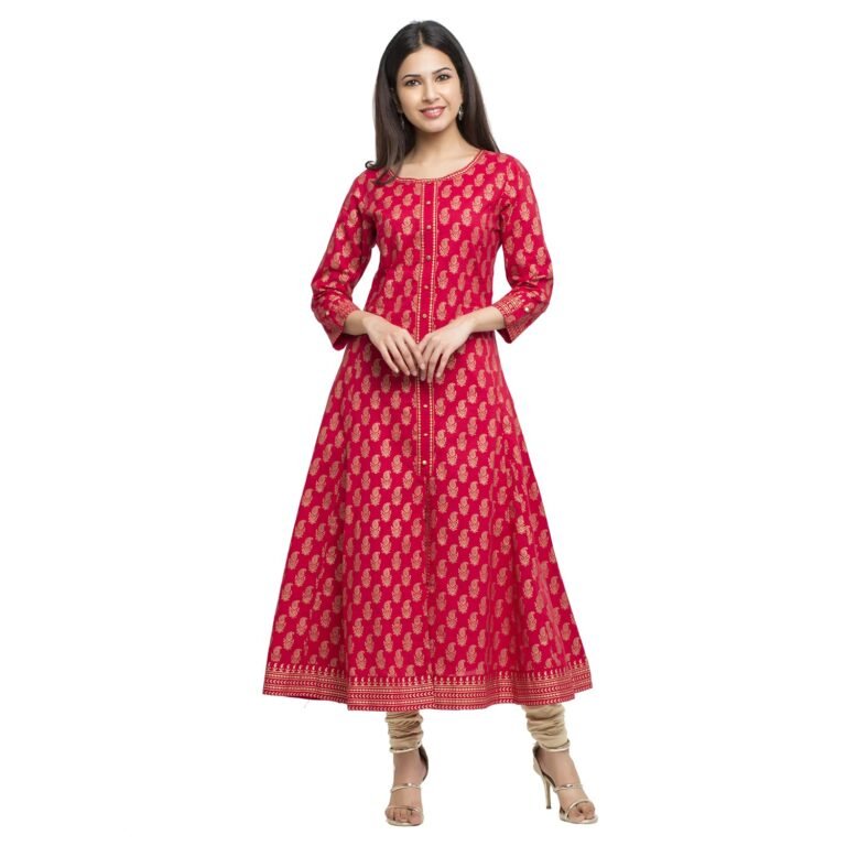 Yash Gallery Women’s Cotton Relaxed Fit Anarkali Plus Size Gold Printed Kurta