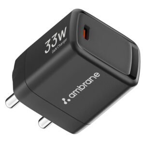 Ambrane 33W Fast Charging Adapter GaN Charger, for iPhone, Samsung, All Android Smartphones, MacBook Air & Other Devices, Type C PD Charger, PPS Technology for Samsung (Charge 33, Black)