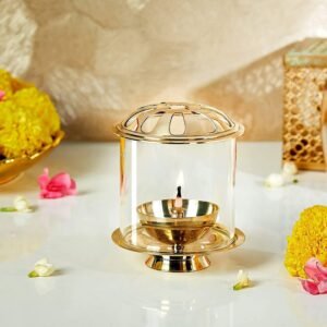 Klassic 4.5 Inch Swastik Akhand Diya with Borosilicate Glass Shade | Pure Brass Oil Lamp for Mandir, Daily Puja, Pooja Room, Diwali, Prayer, Wick Holder Festive Decoration & Gifting.(Pack of 1)