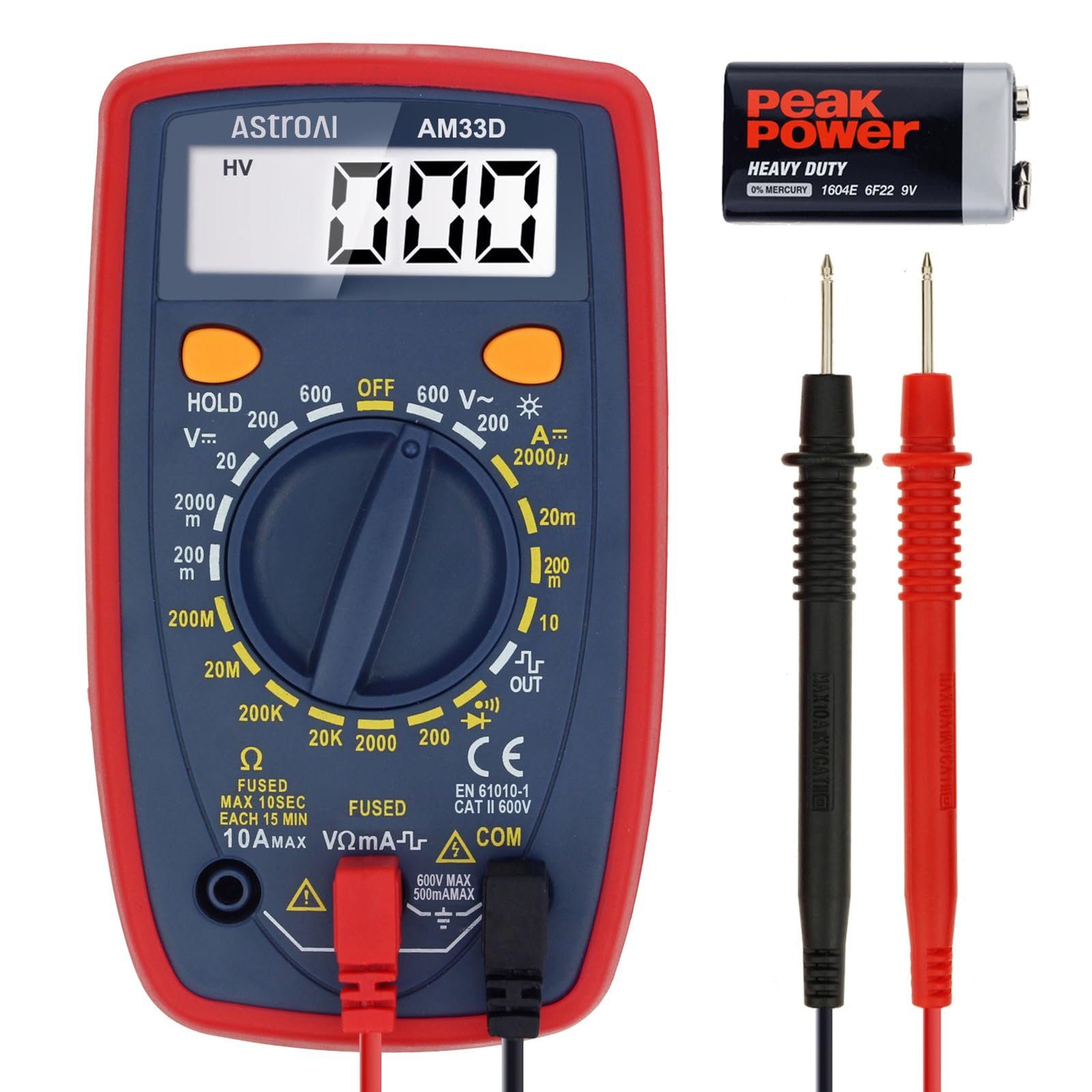 ASTROAI Digital Multimeter, 2000 Counts Multimeter with DC AC Voltmeter and Ohm Volt Amp Tester, Measures Voltage, Current, Resistance; Tests Live Wire, Continuity (Red)