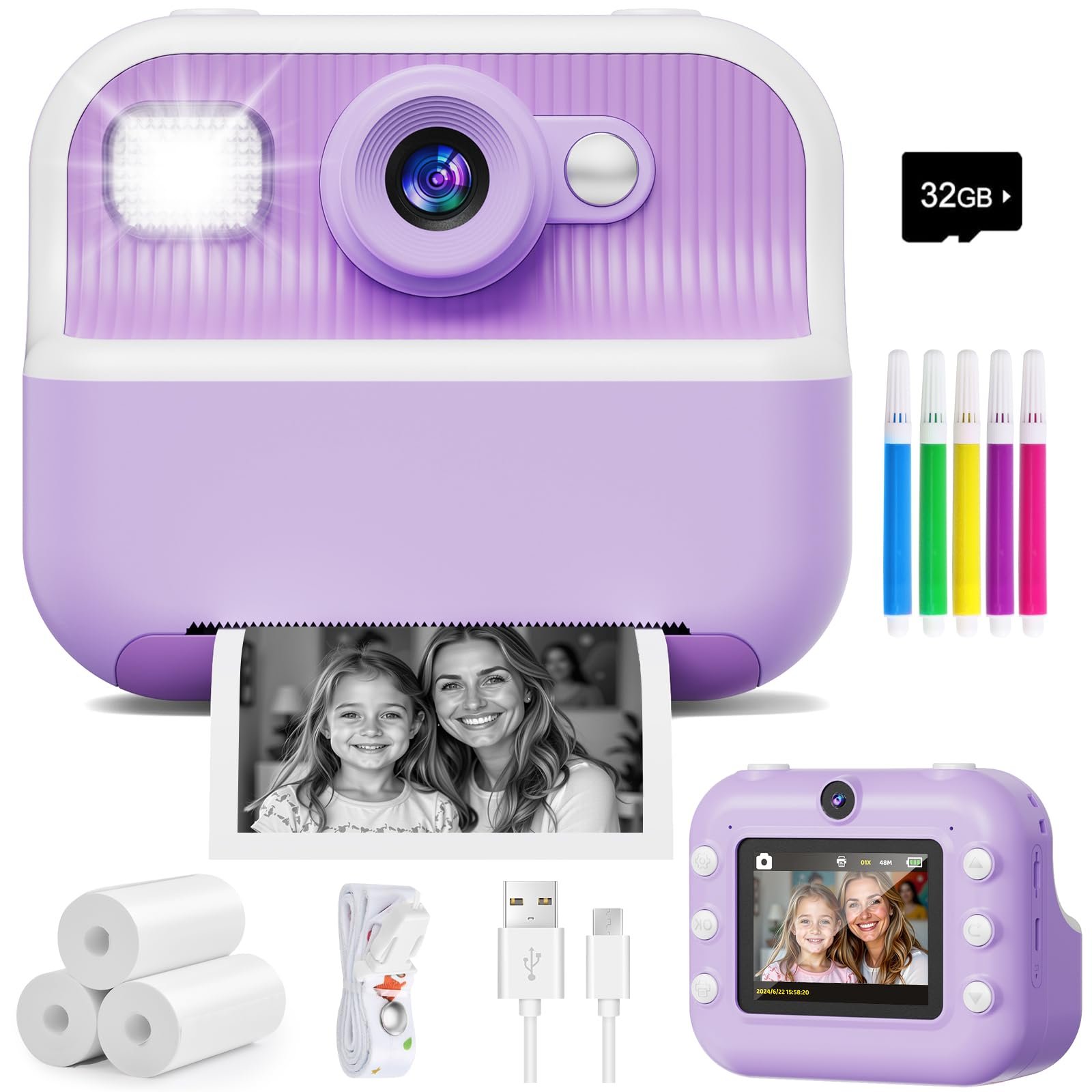 Instant Camera, Front Rear Dual Selfie Kids Camera with 1080P Videos, Holiday Birthday Gifts for Kids Age 3-12, Toddler Portable Travel Print Digital Camera Toy for 4 5 6 7 8 9 Year Boys Girls