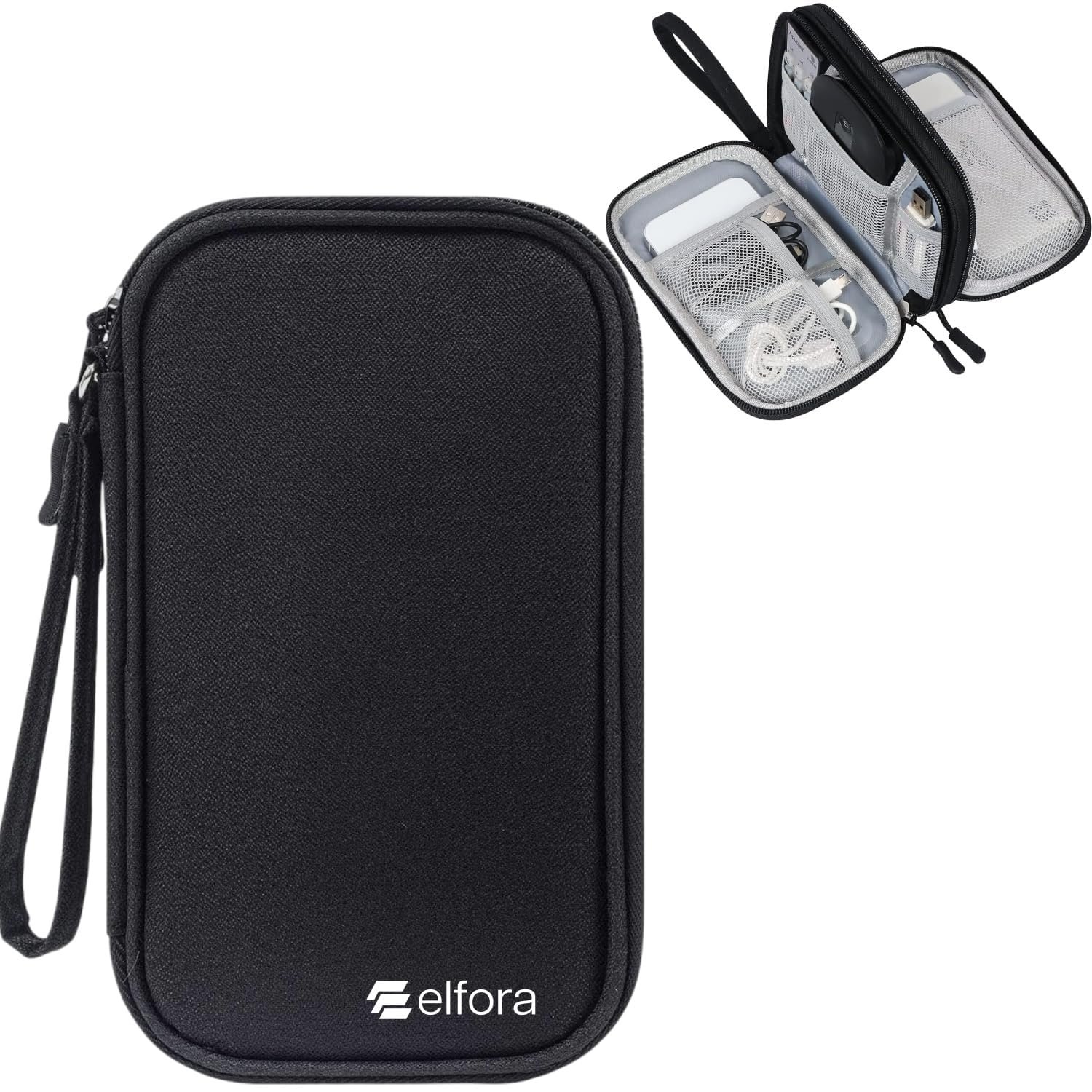 Elfora Big Cable Organizer Bag | 1 year Warranty |Double Layer Travel Storage Pouch for Chargers, Cables, Power Bank, Earphones & Other Accessories | Durable Nylon Case with Mesh Pockets 27X16cm-Black