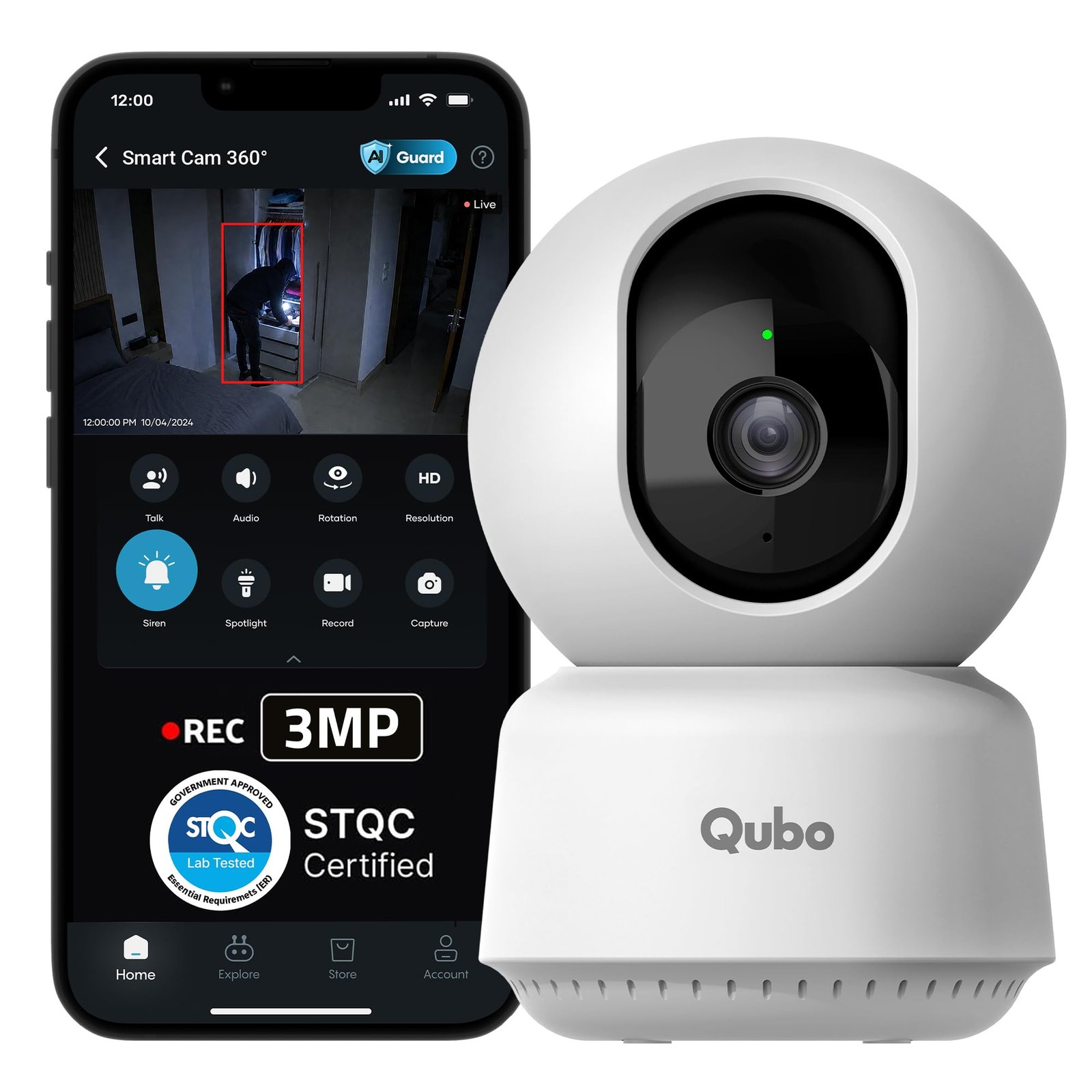 Qubo Smart Cam 360° 3MP | No SD Card Required, Records Directly on Cloud | 2026 Edition – by Hero Group | STQC Certified | AI Person Detection | Intruder Alarm | Night Vision | Two-Way Talk