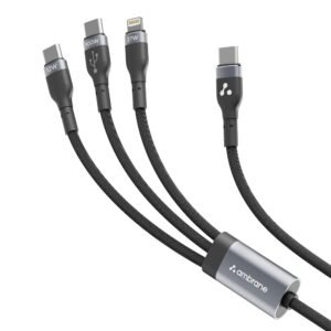 Ambrane 3 in 1 100W Fast Charging Cable, 3Amp Multi Charger Cable for Micro USB, iOS and Type-C Devices, 480 Mbps Data Transfer Rate for Mobile Tablet PC Laptop Android Smartphone with 1.2meter cable