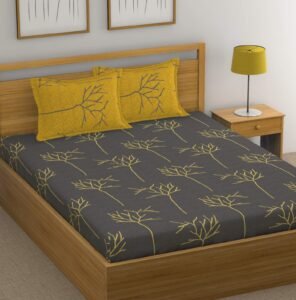 Huesland by Ahmedabad Cotton 144 TC Cotton Bedsheet for Double Bed with 2 Pillow Covers – Grey and Yellow