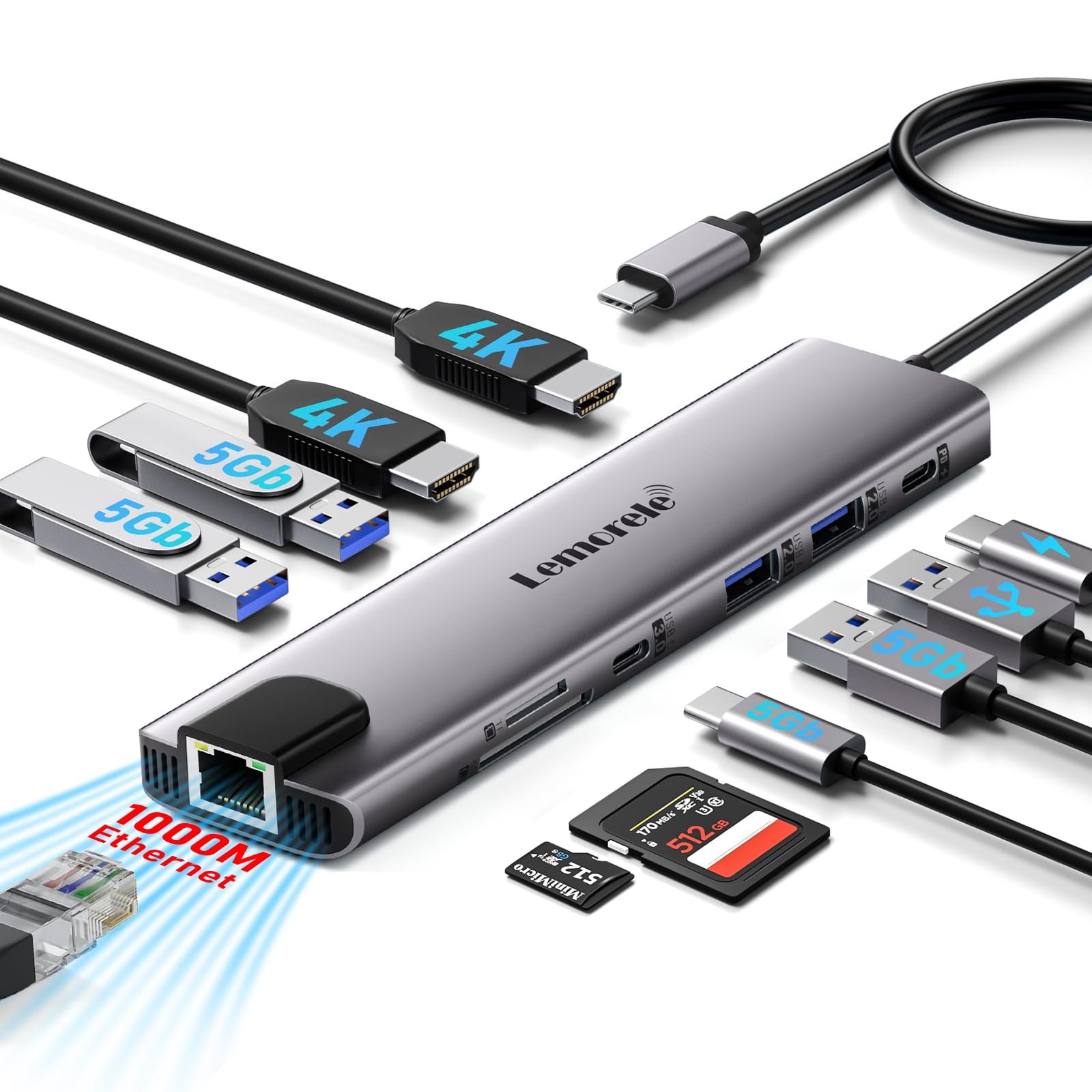 Lemorele 11-in-1 USB C Docking Station Dual 4K HDMI, Gigabit Ethernet, 4 USB Ports, PD 100W Charging, USB-C 3.0 Data, SD/TF Card Reader for MacBook Dell HP Surface Lenovo Windows Laptops
