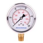Measureman 2-1/2″ Dial Size, Glycerin Filled Pressure Gauge, 0-100psi/kpa, 304 Stainless Steel Case, 1/4″NPT Lower Mount