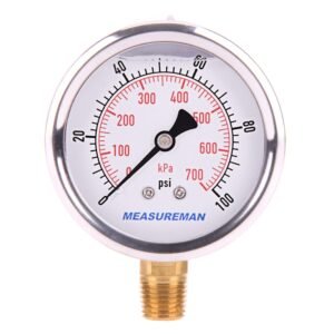 Measureman 2-1/2″ Dial Size, Glycerin Filled Pressure Gauge, 0-100psi/kpa, 304 Stainless Steel Case, 1/4″NPT Lower Mount