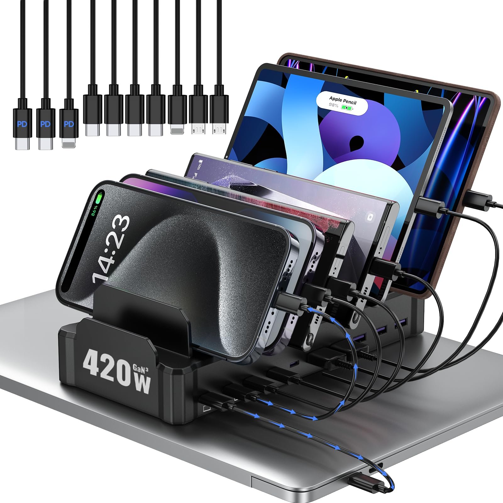 Zobirez – 320W Charging Station for Multiple Devices, 10 Port USB C Fast Charging Station for MacBook, iPhone, Android Cell Phone, iPad, Tablet, Multi Organizer