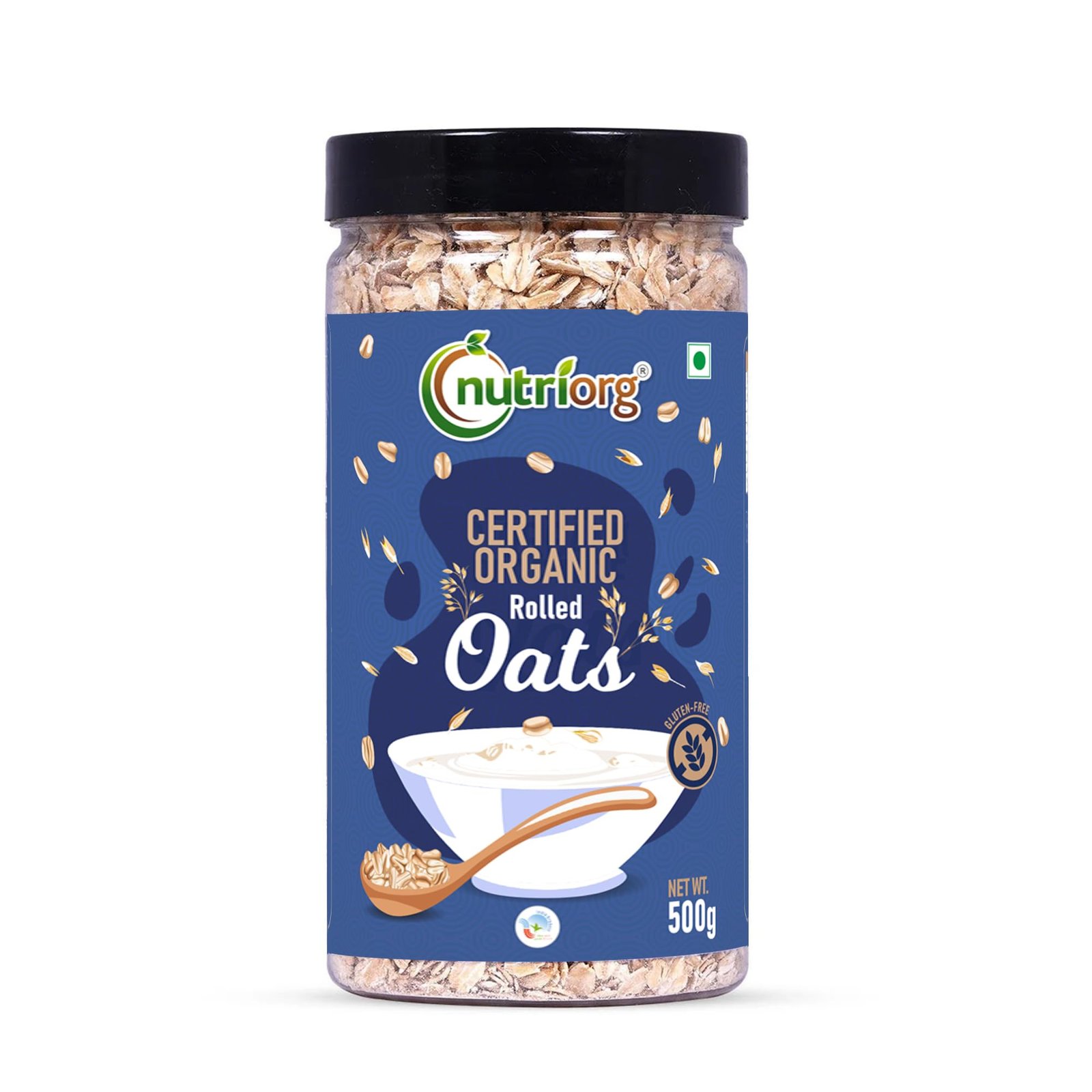 Nutriorg 100% Organic Rolled Oats 500gm | Pack of 1 | Gluten Free | High protein | Weight loss | Fibre Rich | Easy to Cook | Overnight Oats | Nutritional Breakfast Cereal Oats | Air Tight Plastic Jars