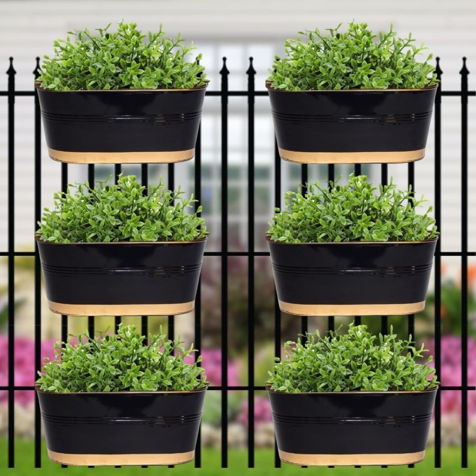 ecofynd 12 Inches Aurelia Railing Planters for Balcony, Hanging Pots for Plants, Wall Hanging Decorative Planters for Vertical Garden, Oval,12 inches, Pack of 6 (Black)