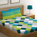 Huesland by Ahmedabad Cotton 144 TC Cotton King Size Bedsheet with 2 Pillow Covers – Blue, Green & Grey(9ft x 9ft)