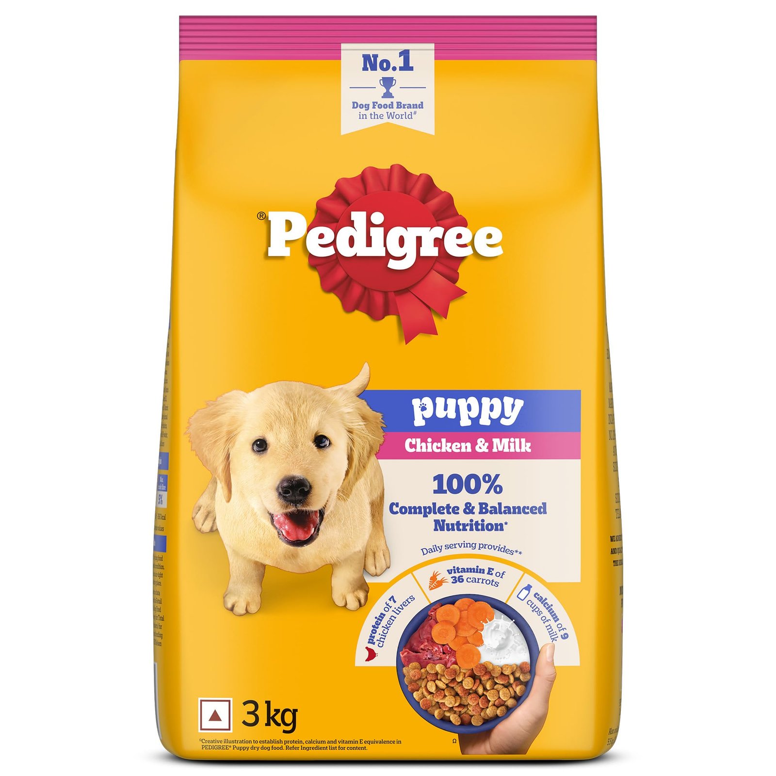 Pedigree Puppy Dry Dog Food, Chicken & Milk, 3 kg, Contains 37 Essential Nutrients, 100% Complete & Balanced Food for Puppies