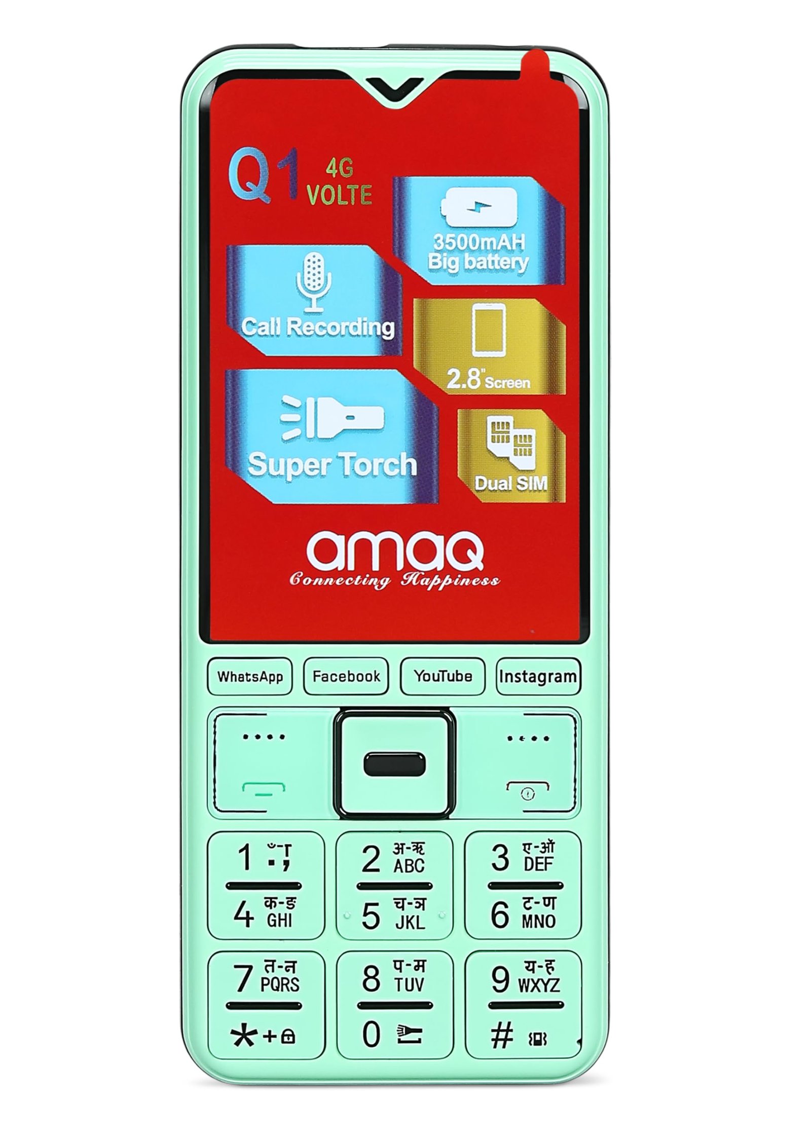 amaq Q1 4g Touch Screen Keypad Mobile|Volte- sim Supports|Dual SIM|2.8 inch Screen|3500 mAh Battery|Supports Whatsapp|Facebook|Instagram|You Tube|Video Calling|Super Touch|Black. (Green)