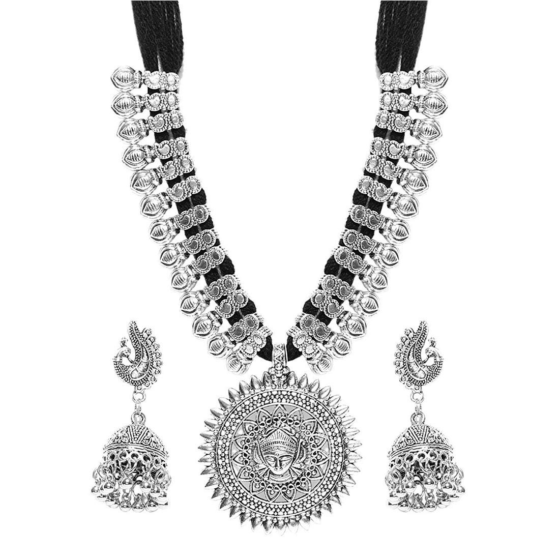 YouBella Jewellery sets for women Antique German Silver Oxidised Plated Tribal Cotton Thread Jewellery Necklace Earring Set for Women & Girls