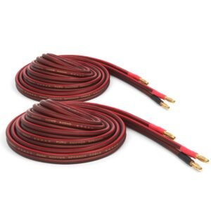 Micca 14 Gauge Pure Copper Speaker Wire, 6 Feet (2 Meters 6.6ft Actual), 2 Pack Pair, Gold Plated Banana Plugs, Soldered Construction, Slim Design, 245 Strands, for Stereo or Home Theater