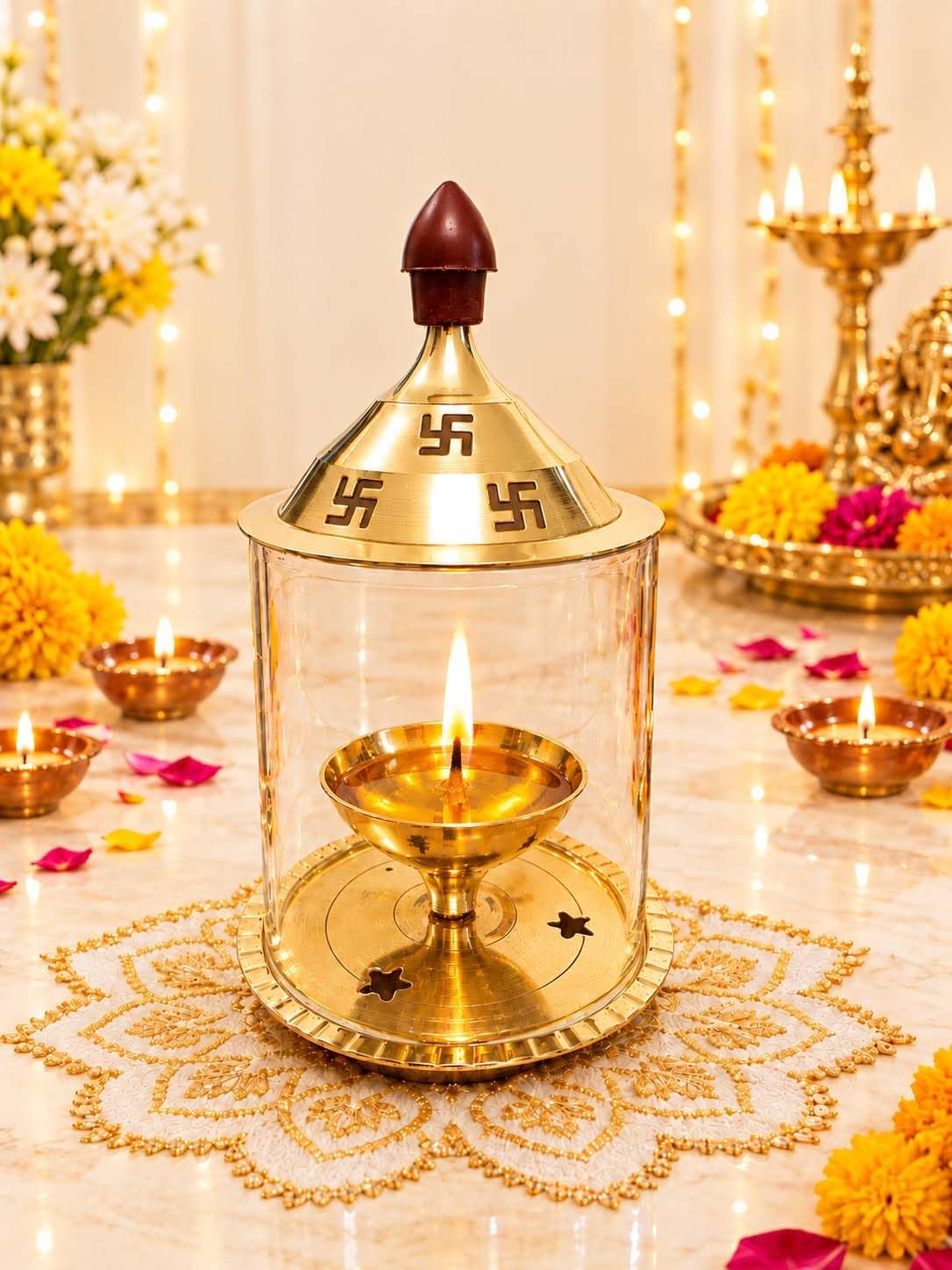 Heaven Decor Brass and Glass akhand deep Diya with Cover for Puja | Deepam Jyot Diya Oil Lamp | Pooja Articles and Pooja Items for Home Temple 4.8 inch