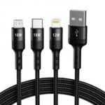 COSTAR 3 in 1 USB Fast Charging Cable Nylon Braided Multiple 2.4A Charging Cable, Compatible For All Smartphone, Iphones and Android, iOS and Type C Devices (1.25M)