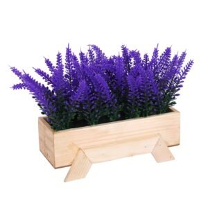 Amazon Basics Artificial Lavender Grass in Wooden Rectangular Tray | Realistic 17 cm Faux Greenery | Stylish & Compact | Zero Maintainance | Indoor, Outdoor, Home & Office Décor