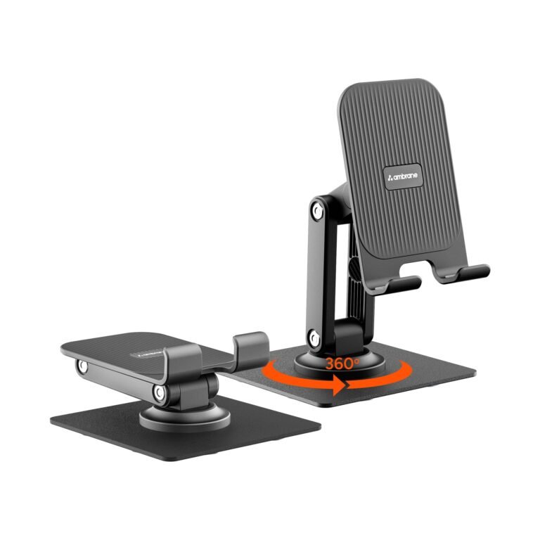 Ambrane 360° Rotation, Foldable Design Mobile Stand with Stable Metalic Round Base, Multiple Height & Angle adjustments Compatible with Smartphones, Tablets, Kindles & iPad (Twistand 360, Black)