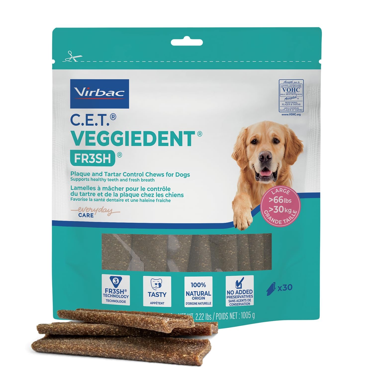 Virbac CET Veggiedent FR3SH Tartar Control Chews for Large Dogs Over 66 Pounds, Plant-Based Formula, 30 Count Bag (All Life Stages)