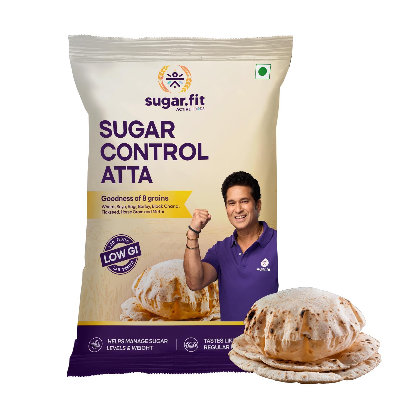 Sugar.fit Multigrain Atta 5 KG | Low GI | Sugar Control | 8-in-1 multigrain flour, sharbati wheat, ragi, millets, soybean, fenugreek & more, diabetic-friendly, 20% lower GI , high protein & fiber, healthy weight (Pack of 1)