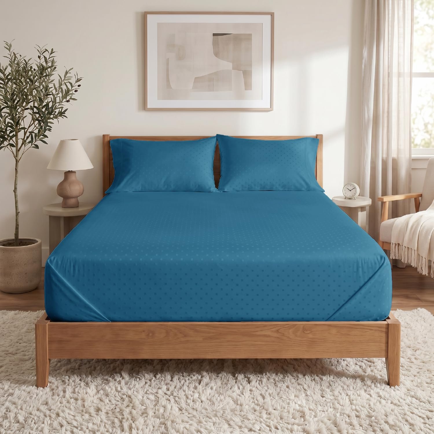 Blue Dahlia 100% Cotton, King Size/Double, Bedsheet (108″ x 108″) + 2 Pillow Covers, Silky Smooth Feel, 300TC Dotted Premium Bedsheet, Colour: Azure Blue Navy