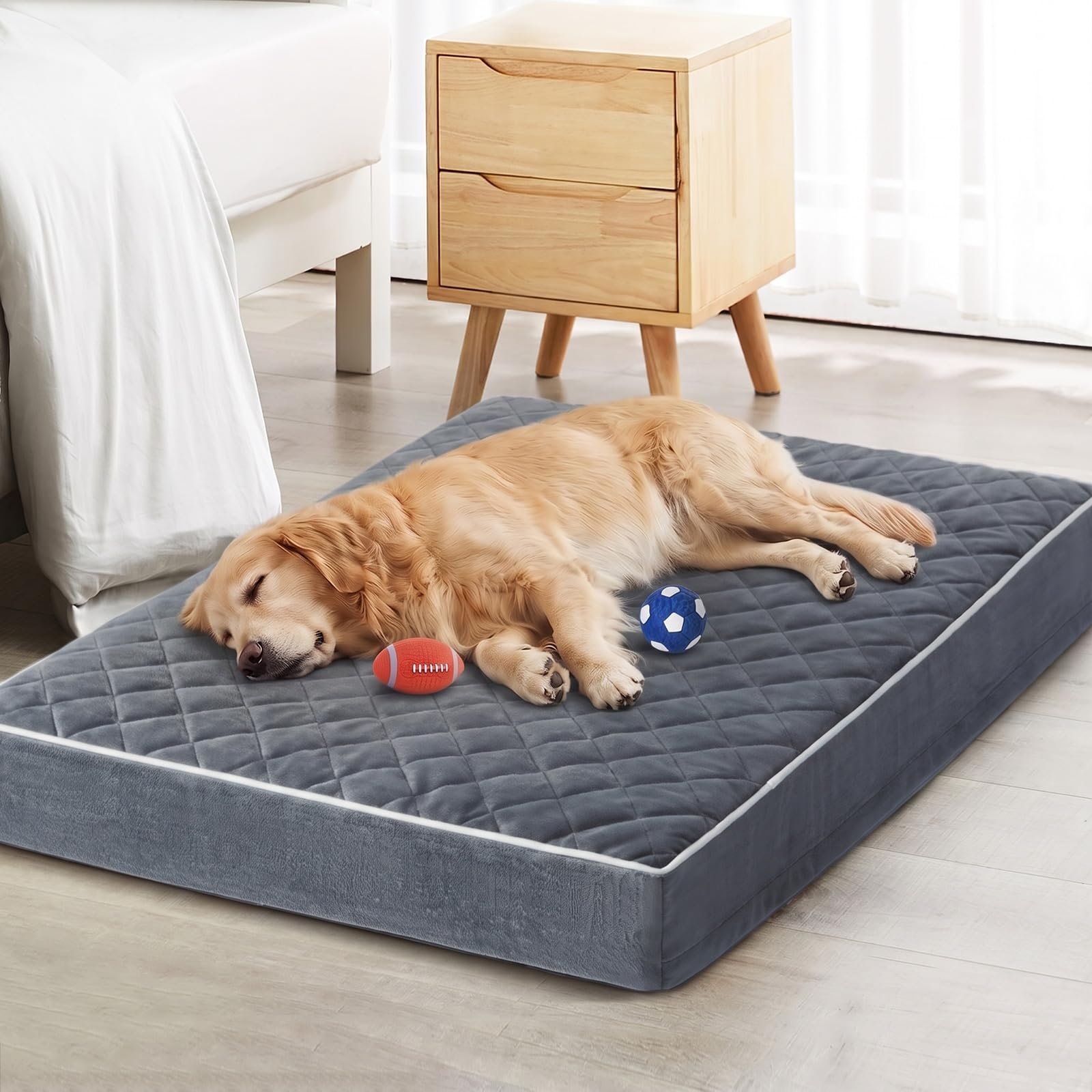 WNPETHOME Velvet Orthopedic Big Dog Beds Large Sized Dog, Waterproof Extra Large Dogs Bed With Removable Washable Cover, Multi-Needle Quilting Dogs Crate Bed