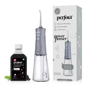Perfora Rechargeable Power Dental Water Flosser For Teeth – 300ml, Sterling Grey | Perfora Activated Charcoal Teeth Whitening Mouthwash – 200ml – Pack of 2
