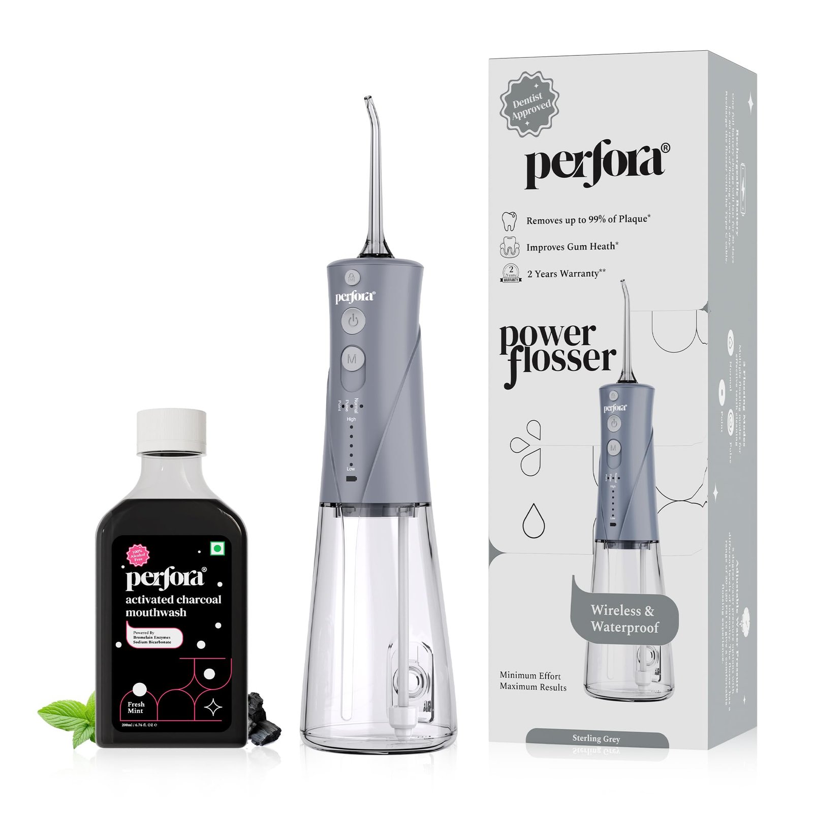 Perfora Rechargeable Power Dental Water Flosser For Teeth – 300ml, Sterling Grey | Perfora Activated Charcoal Teeth Whitening Mouthwash – 200ml – Pack of 2