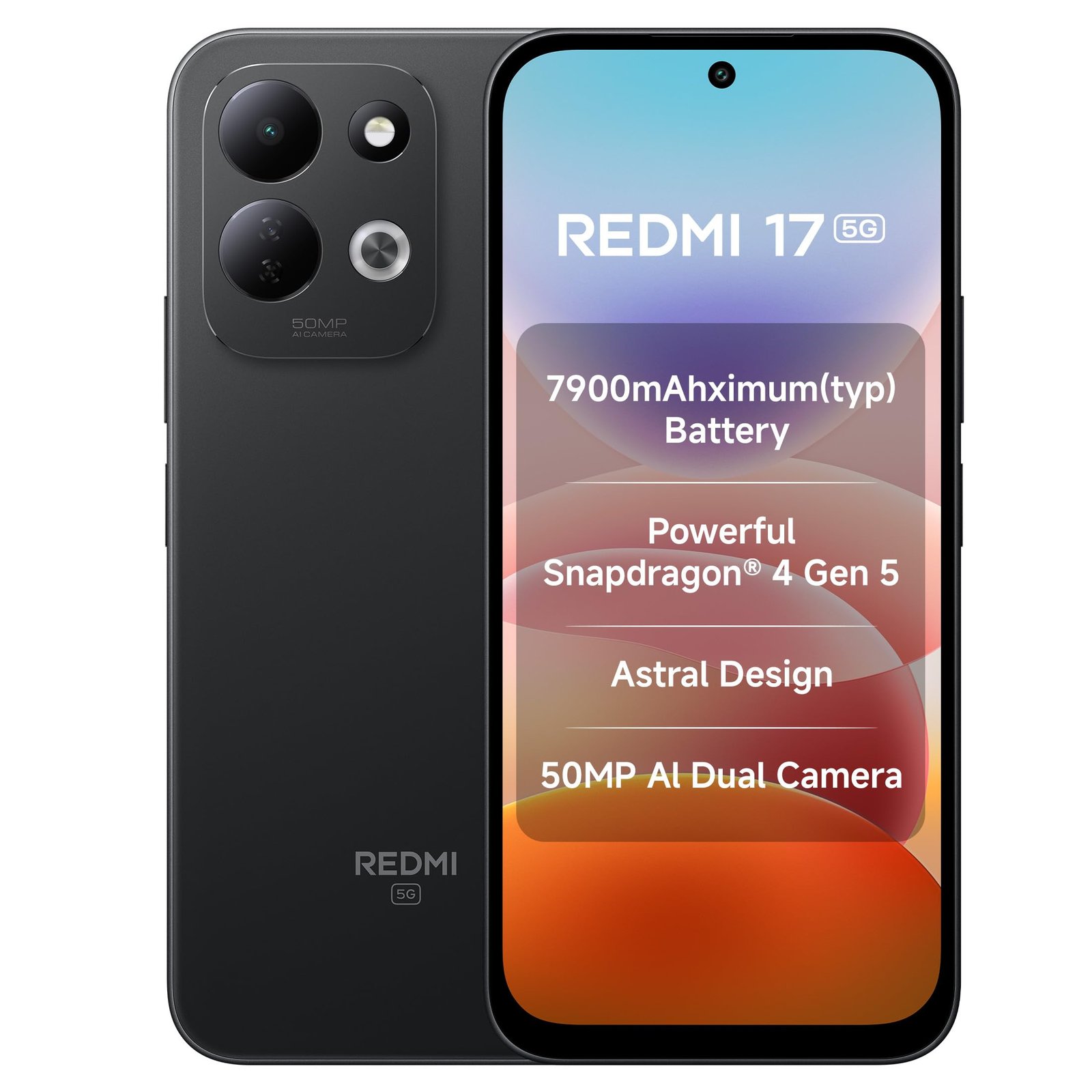 Redmi 17 5G (Absolute Black, 6GB RAM, 128GB ROM) | 7900mAh Battery + 45W Fast Charging | 6.9″ 120Hz Adaptive Display | Snapdragon 4 Gen 5 | 50MP Dual AI Camera | Corning® Gorilla® Glass 7i | IP64