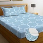 NEW LEAF Premium Cotton Elastic Fitted Bedsheets with 2 King Size Pillow Covers Double Bed with All Around Elastic Supersoft Size – 72 King Sizex78+10 inches Grey White Oval Pattren 200 tc – 220 tc