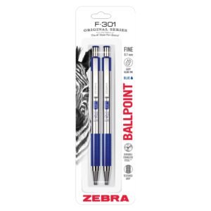 Zebra F-301 Ballpoint Stainless Steel Retractable Pen, Fine Point, 0.7mm, Blue Ink, 2-Count