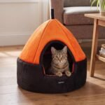 Amazon Basics Soft Velvet Fabric Dual Color Pet Hut Bed with Center Pillow |Small | Black and Orange |For Cats and Small Dogs |Easy to Clean | Unique Design |Diameter 18 Inch, Height 18 Inch(PETBED03)