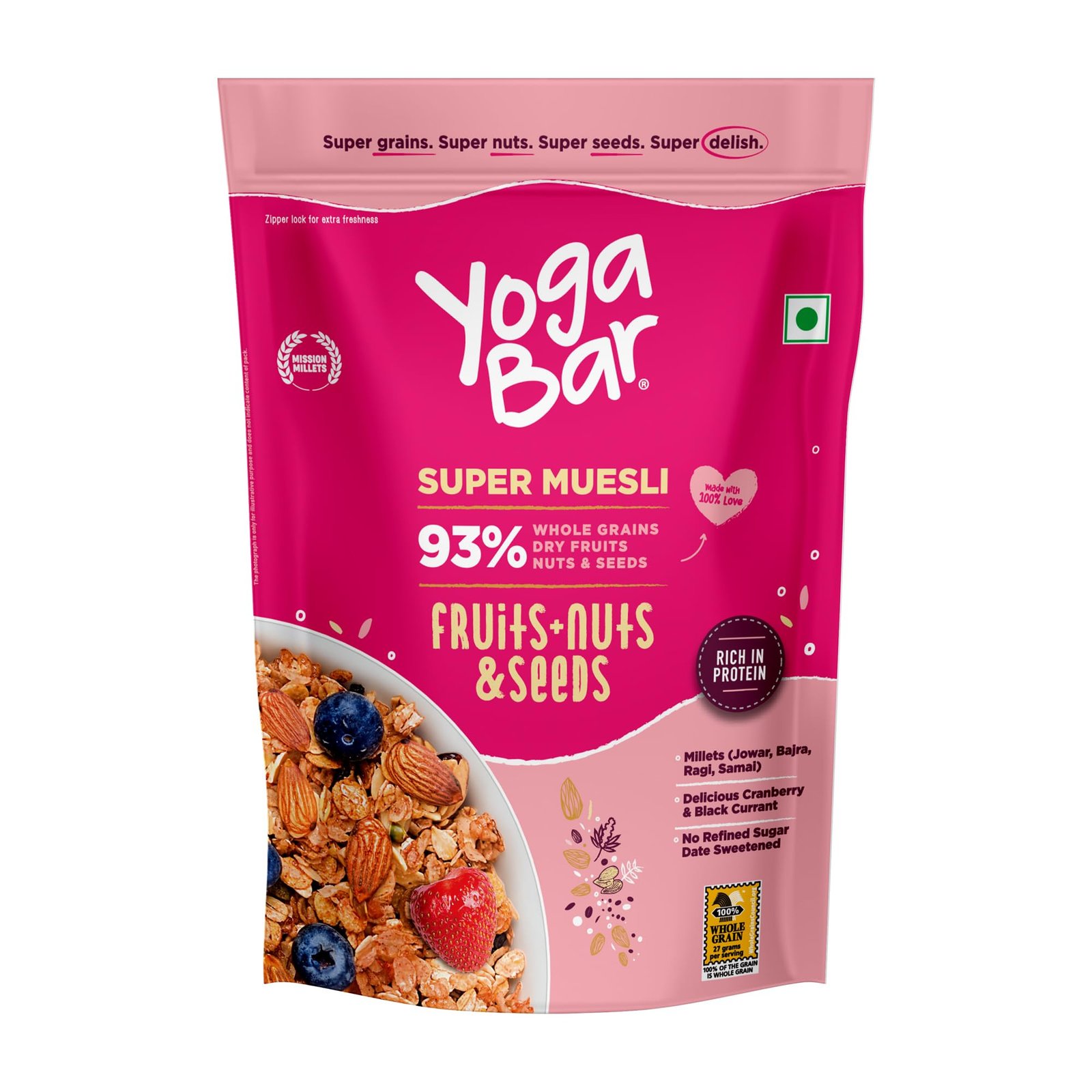Yogabar Wholegrain Breakfast Muesli Fruits, Nuts + Seeds, 700 g (Super Saver Pack)