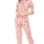 ZEYO Women’s Cotton Heart Printed Night Suit Set of Shirt & Pajama Set 5250 (Available in Plus Size)
